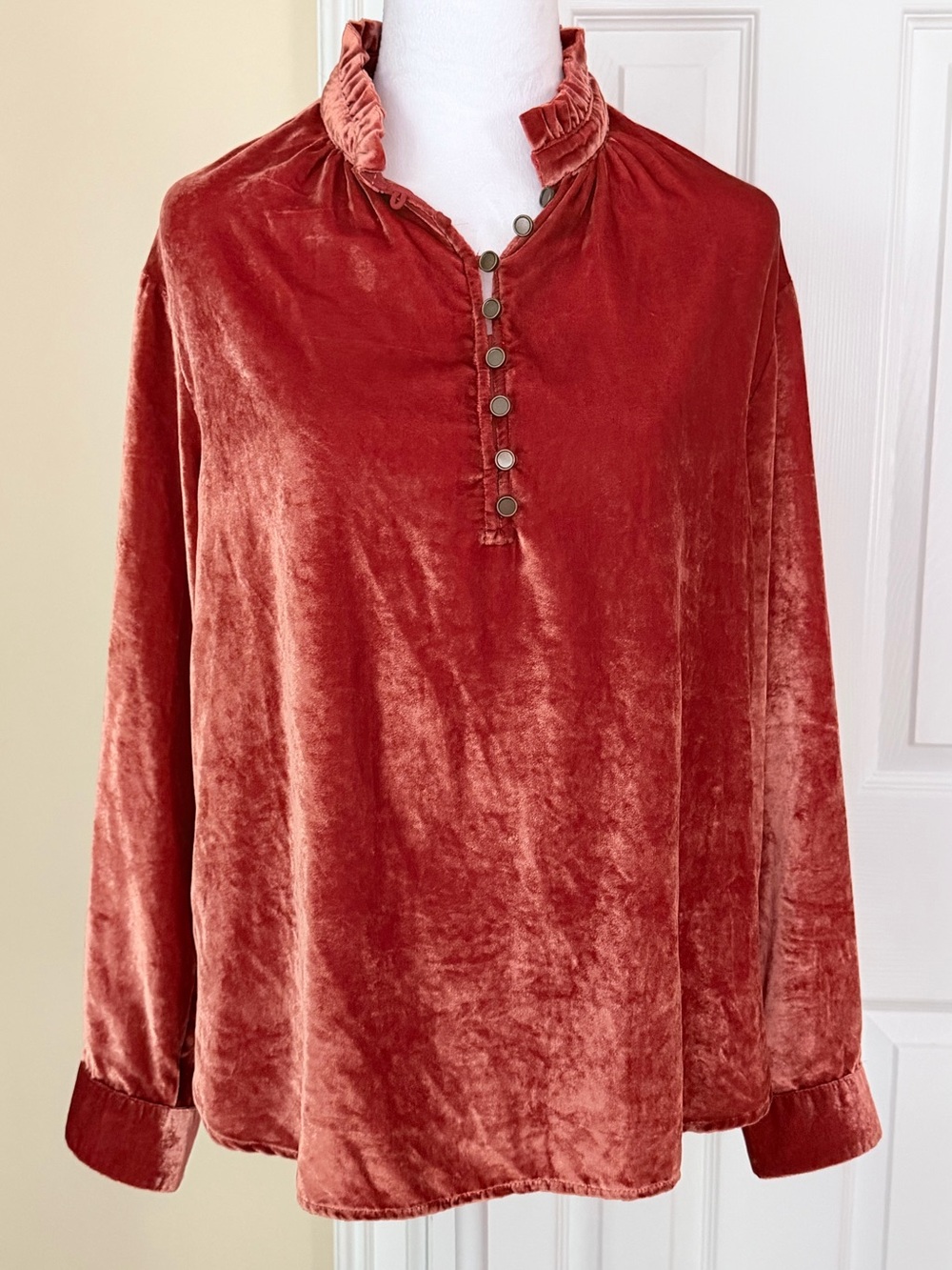 Anthropologie Kristianne Velvet Blouse in the burnt orange/rust Oversized Ruffle - Picture 2 of 10